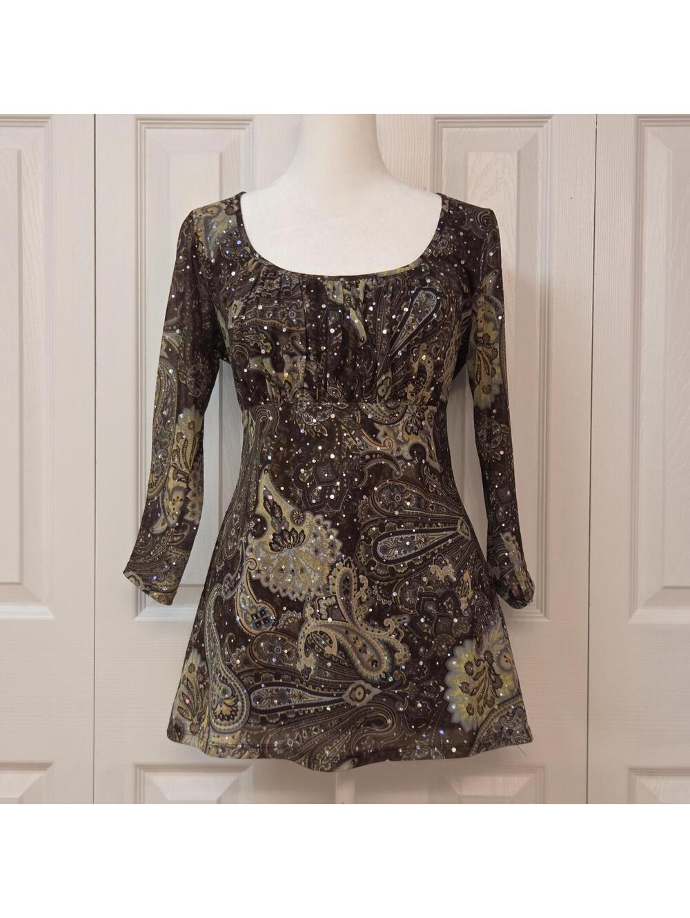 Vintage Y2K Green Brown Paisley Babydoll Fairy Top Size M Whimsigoth Boho Blouse